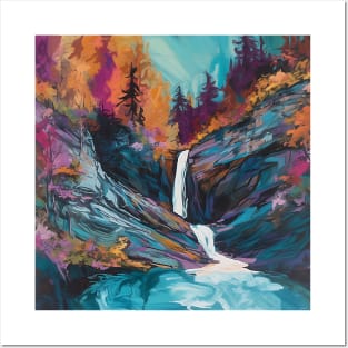 Colorful Ultrafine Detailed Painting Of A Waterfall With Trees Posters and Art